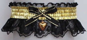 Fancy Bands™ Black & Gold Garter w/ Puffed Heart Charm. Prom Garter - Wedding Garter - Bridal Garter