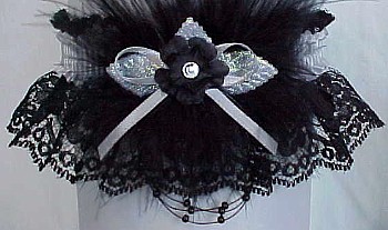 Black & Silver Garter with Silver Satin Band, Bow, Crystal Rhinestone, and Black Marabou Feathers. garter, garders, garder