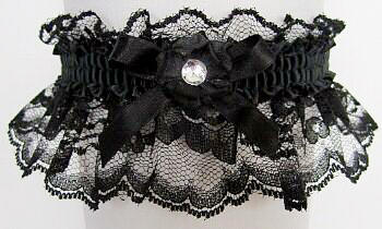Black Lace Garter with a Crystal Rhinestone. Black Wedding Bridal Prom Garter.