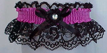 Pink and Black Garter with Crystal Rhinestone on Black Lace. Prom Garter - Wedding Garter - Bridal Garter