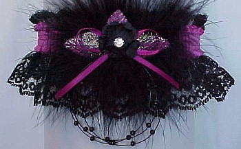 Crystal Rhinestone Garter w/ Colored Band & Trim with Marabou Feathers on Black Lace. Prom Garter - Wedding Garter - Bridal Garter