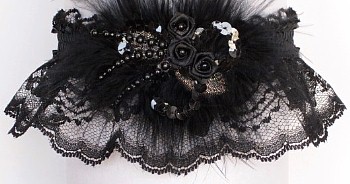 Black Lace Garter with Black Sequins 'n Roses and Feathers. Black Wedding Bridal Prom Garters.