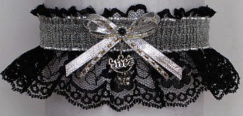 Fancy Bands Black & Silver Garter with Flirt Charm. Prom Garter - Wedding Garter - Bridal Garter. garders, garder