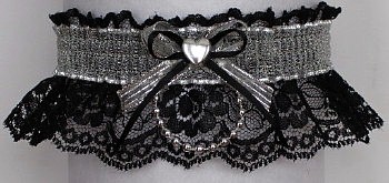 Fancy Bands Black & Silver Garter with Strand of Pearls & Heart. Prom Garter - Wedding Garter - Bridal Garter. garders, garder