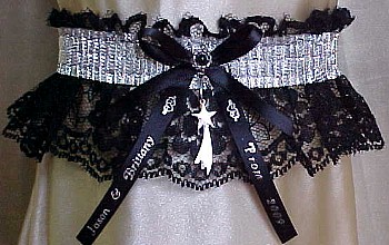 SHINY Silver Metallic Band on Black Lace. Glitzy Glitz Metallic Prom Garters.