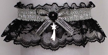 Fancy Bands Black & Silver Garter with Shooting Star Charm. Prom Garter - Wedding Garter - Bridal Garter. garders, garder