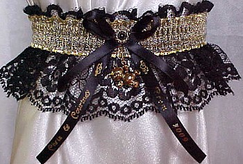 SHEER Gold Metallic Band on Black Lace. Totally Glam Metallic Prom Garters.