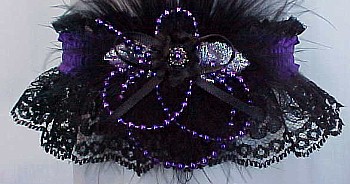 Black Lace Garter w/ Colored Satin Band, Pearls & Marabou Feathers. Prom Garter - Wedding Garter - Bridal Garter