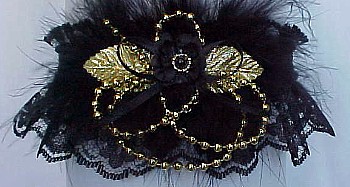 Black Lace Garters with Deluxe Gold Pearls and Marabou Feathers. Prom Garter - Wedding Garter - Bridal Garter