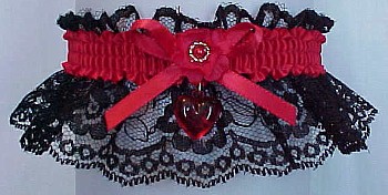 Black and Red Garter w/ Red Heart Charm for Wedding Bridal Prom Valentine