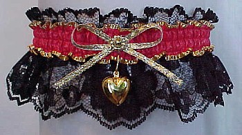 Fancy Bands Hot Red Garter on Black Lace with Gold Puffed Heart Charm for Prom Wedding Bridal Valentine