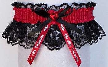 Be My Valentine Garter in Black Lace with Red Rhinestone Heart. garder