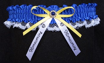 Cheerleader Spirit Garter in school colors with a bow and imprinted homecoming ribbon tails. garders, garder