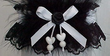 Black and White Double Hearts Garter with Marabou Feathers. Prom Garter - Wedding Garter - Bridal Garter