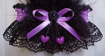 Purple and Black Garter with Double Hearts and Feathers. Prom Garter - Wedding Garter - Bridal Garter.