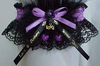 Personalized Winter Dance Garter on black lace with Double Hearts, Love Charm, Imprinted Ribbon Tails. garders, garder
