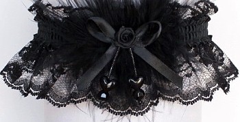 Black Lace Garter with Double Hearts & Feathers. Black Prom Wedding Bridal Garter.
