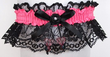 Neon Pink Garter with AB Double Hearts on Black Lace for Wedding Bridal Prom