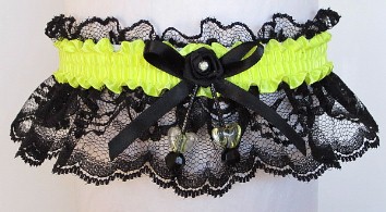 Neon Yellow Garter with AB Double Hearts on Black Lace for Wedding Bridal Prom
