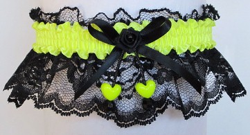Neon Yellow Garter with Double Hearts on Black Lace for Wedding Bridal Prom