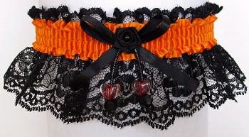 Neon Orange Garter with AB Double Hearts on Black Lace for Wedding Bridal Prom