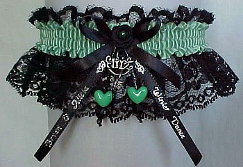 Personalized Winter Dance Garter on black lace with Double Hearts, Flirt Charm, Imprinted Ribbon Tails. garders, garder