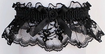 Black Lace Garter with Double Hearts. Black Prom Wedding Bridal Garter.