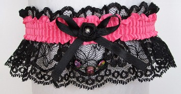 Neon Pink Garter with Pink AB Faceted Beads on Black Lace for Wedding Bridal Prom