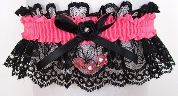 Neon Pink Garter with Pink Faceted Beads Garter on Black Lace for Wedding Bridal Prom