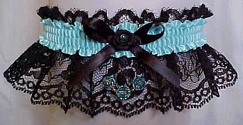 Blue and Black Garter with Faceted Beads on Black Lace. Prom Garter - Wedding Garter - Bridal Garter