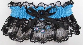 Neon Island Blue Garter with Blue Faceted Beads on Black Lace for Wedding Bridal Prom