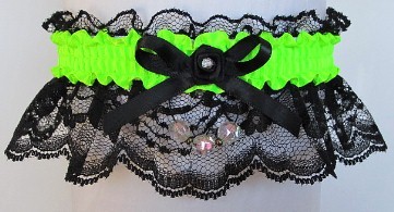Neon Green Garter with Aurora Borealis Faceted Beads on Black Lace for Wedding Bridal Prom