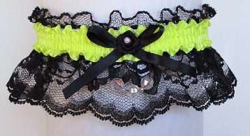 Neon Yellow Garter with Aurora Borealis Faceted Beads on Black Lace for Wedding Bridal Prom