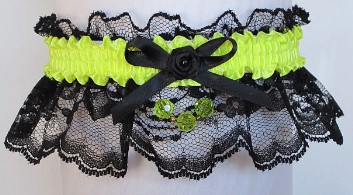 Neon Yellow Garter with Aurora Borealis Faceted Beads on Black Lace for Wedding Bridal Prom