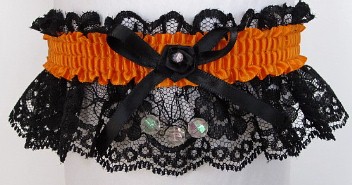 Neon Orange Garter with AB Faceted Beads on Black Lace for Wedding Bridal Prom