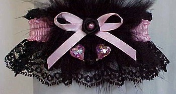 Rose Pink Valentine Garter w/ Aurora Borealis Hearts & Marabou Feathers on Black Lace.