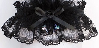 Black Lace Garters with Black Aurora Borealis Hearts & Black Marabou Feathers. Black Wedding Bridal Prom Garter.