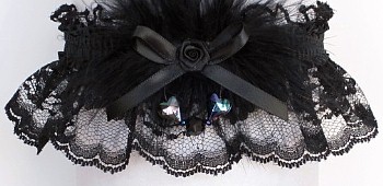  Black Lace Garters with Black Aurora Borealis Hearts & Black Marabou Feathers. Black Wedding Bridal Prom Garter.