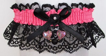 Neon Pink Garter with Pink Aurora Borealis Hearts on Black Lace for Wedding Bridal Prom