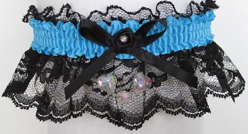Neon Island Blue Garter with Aurora Borealis Hearts on Black Lace for Wedding Bridal Prom