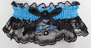 Neon Island Blue Garter with Blue Aurora Borealis Hearts on Black Lace for Wedding Bridal Prom