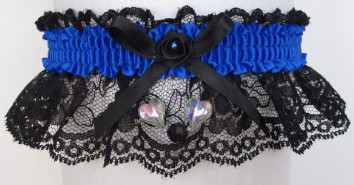 Neon Electric Blue Garter with Aurora Borealis Hearts on Black Lace for Wedding Bridal Prom