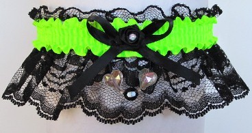Neon Green Garter with AB Hearts on Black Lace for Wedding Bridal Prom