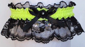 Neon Yellow Garter with AB Hearts on Black Lace for Wedding Bridal Prom
