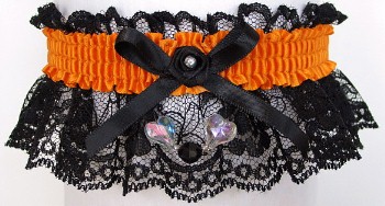 Neon Orange Garter with Aurora Borealis Hearts on Black Lace for Wedding Bridal Prom