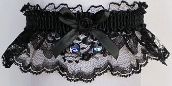 Black Lace Garter with Black Aurora Borealis Hearts. Black Wedding Bridal Garter.