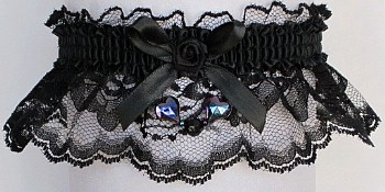 Black Lace Garter with Black Aurora Borealis Hearts. Black Wedding Bridal Prom Garter.