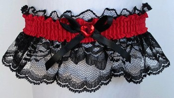 Hot Red and Black Garter with Red Rhinestone Heart. Prom Wedding Bridal Valentine