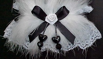 White and Black Garter with Double Hearts and Marabou Feathers for Wedding Bridal or Prom.