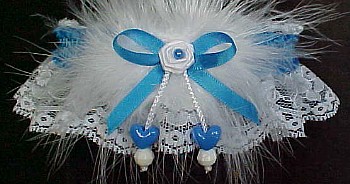 Winter Dance Garter in White Lace and Double Hearts with Marabou Feathers. Winter Formal Garters, Winter Dance Garters, Sadie Hawkins Dance Garters, Snowball Dance Garters, Snoball Dance Garters, SnoDaze Dance Garters, T.W.I.R.P. Dance Garters, Turnabout Dance Garters.
